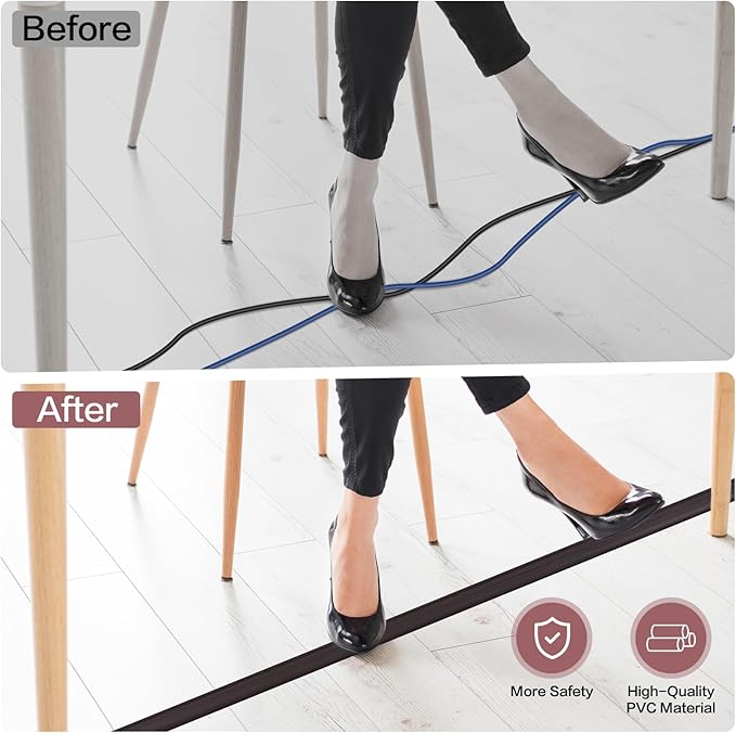 Floor Cord Cover Self Adhesive Cord Hider Floor Extension Cord Covers for Floor Power Cord Protector Cable Management Prevent Cable Trips Cable Cavity 0.59" W x 0.31" H (Dark Walnut, 20Ft)