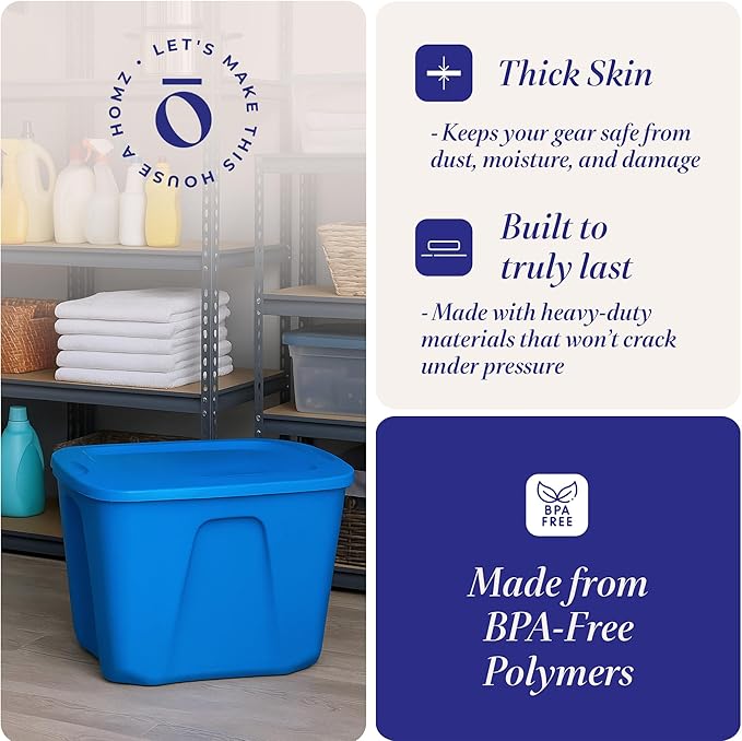 HOMZ 8-Pack Durable Molded Bin, Plastic Storage Containers with Lids, 18 Gallon, Blue - Stackable Organizer Totes and Boxes for Bedroom, Kitchen, and Garage Organization