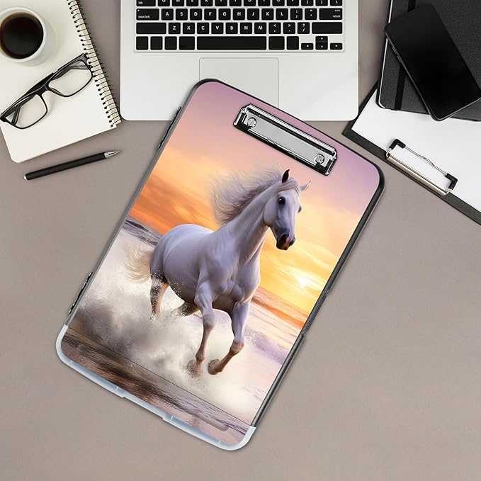 Clipboard with Storage,Office Supplies Nursing Clipboards Folder with Pen Holder Plastic Storage ClipBoard Foldable for Teacher Nurse,Sunset Horse