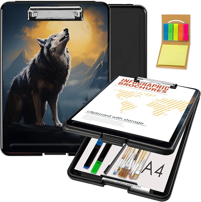 Clipboard with Storage,Office Supplies Nursing Clipboards Folder with Pen Holder Plastic Foldable Clip Board with Storage for Nurse Teacher,Wolf with Full Moon