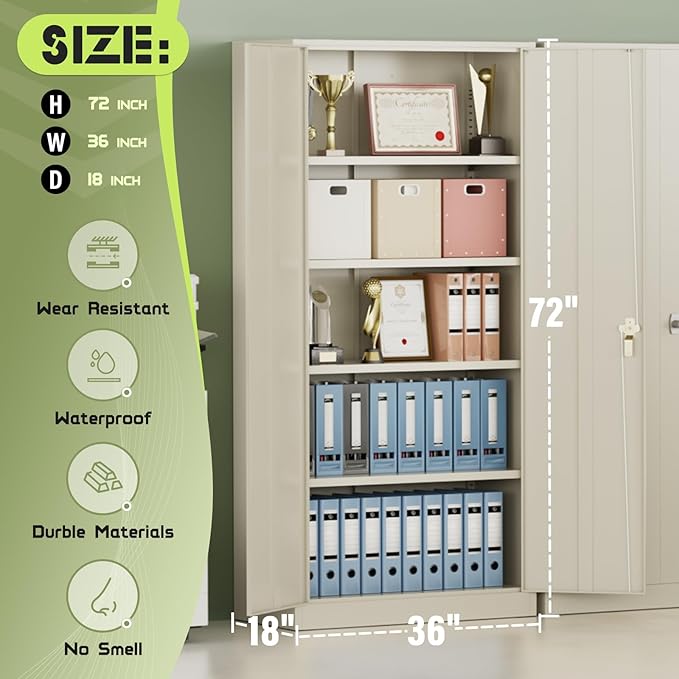 SUNCROWN 72" Metal Storage Cabinet - Heavy-Duty Metal Garage Cabinet with 4 Adjustable Shelves & 2 Doors for Tools, Office, Home, Workshop,Warm Grey