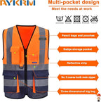 Orange&Navy Small High visibility vest,Reflective Safety Vest Workwear 7 Pockets Hi Vis Durable Vest with Reflective Tapes 4 Lower Pockets
