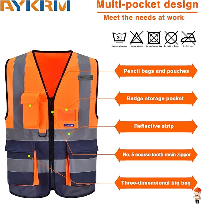 A-SAFETY High visibility vest,Reflective Safety Vest Workwear 7 Pockets Hi Vis Durable Vest with Reflective Tapes 4 Lower Pockets,Orange&Navy XXL