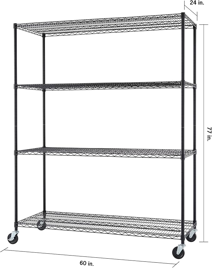 Trinity Basics 4-Tier Adjustable Wire Shelving with Wheels for Kitchen Organization, Garage Storage, Laundry Room, NSF Certified, 600 to 1800 Pound Capacity, 60” by 24” by 72”, Black