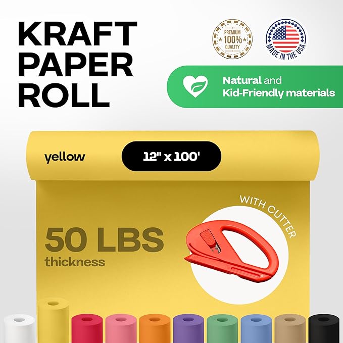 Yellow Kraft Paper Roll 12" x 1200" (100 feet) with Cutter - USA-Made Wrapping Paper for Packing, Moving, Shipping & Crafts/Arts - 100% Recyclable Natural Craft Material by IDL Packaging