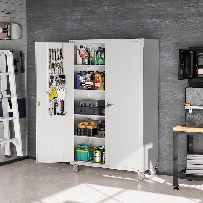 VINGLI Upgraded Wide & Deep Garage Storage Cabinet, Metal Storage Cabinet with Pegboards, Wheels, Locking Doors and Adjustable Shelves (Gray, 43''W x 20''D x 72''H)