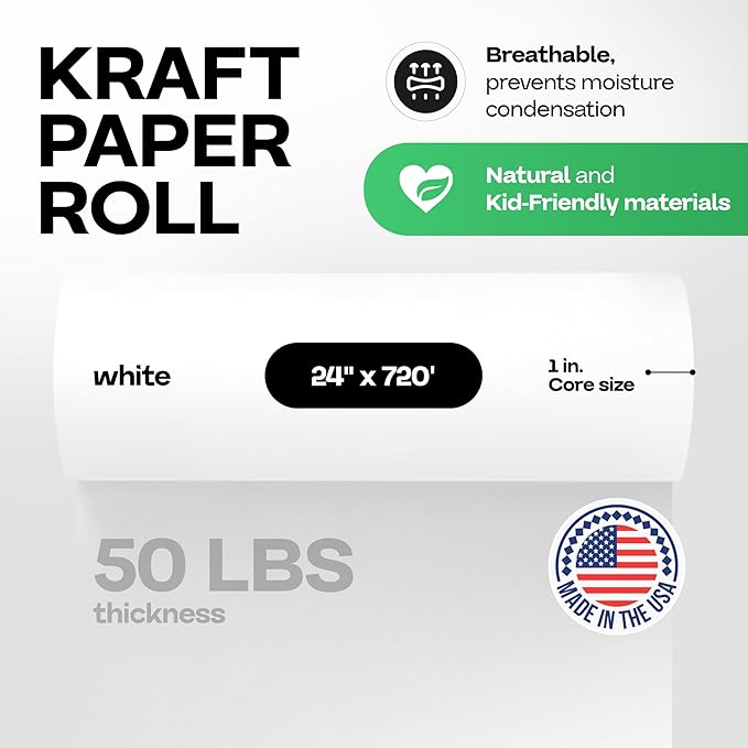 White Kraft Paper Roll 24" x 8640" (720 feet) - Quality USA-Made Large Paper Roll 50lb Thickness for Packing, Moving, Shipping & Crafts/Art - 100% Recyclable Natural Wrapping Material by IDL Packaging