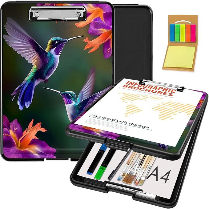 Clipboard with Storage,Office Supplies Nursing Clipboards Folder with Pen Holder Plastic Foldable Clip Board with Storage for Nurse Teacher,Hummingbird Flowers