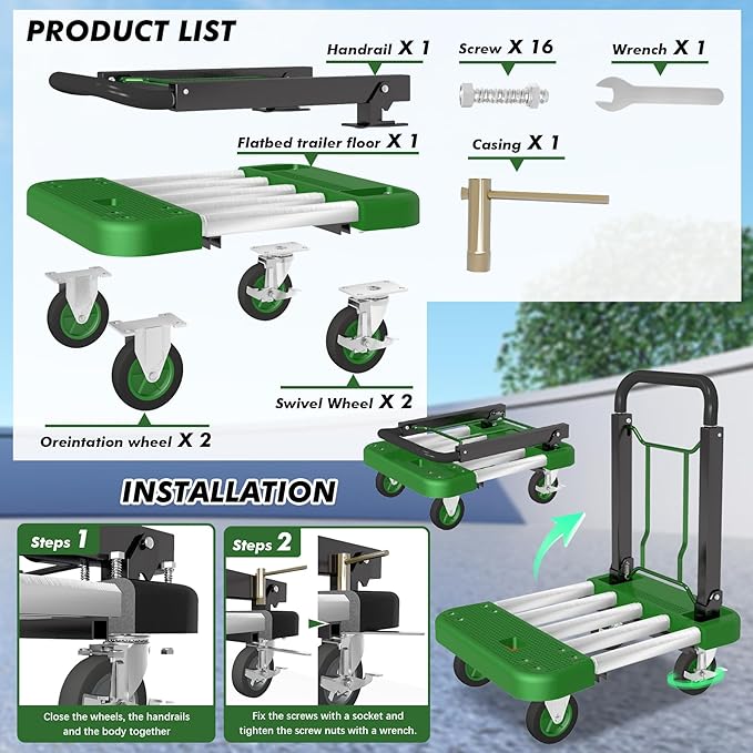WarmyouHaul Pro Folding Hand Truck, 441LBS Capacity, Adjustable Platform (24-30") & Handle (28-35") 4" Rubber Wheels with 360° Swivel & Parking Brake, for Moving, Commercial, Apartment , Warehouse Use