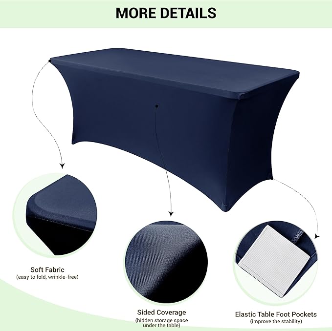 Obstal 6 Pack Stretch Spandex Table Covers for 8 Foot Tables - 8 FT Universal Rectangular Fitted Tablecloth Protector for Wedding, Banquet, Party (Navy, 96 Length x 30 Width x 30 Height Inches)