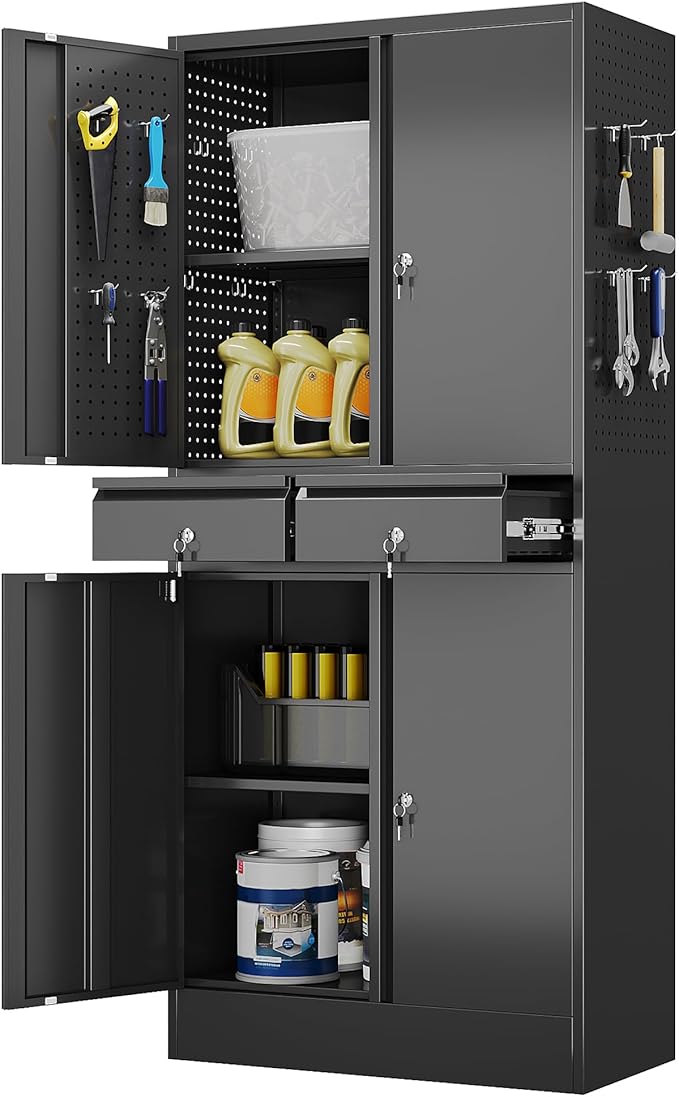 Metal Storage Cabinet with 2 Drawers and Pegboard, Garage Storage Cabinet with Locking Doors and 2 Adjustable Shelves, 71" H Steel Cabinets for Garage, Home, Office, School, Black