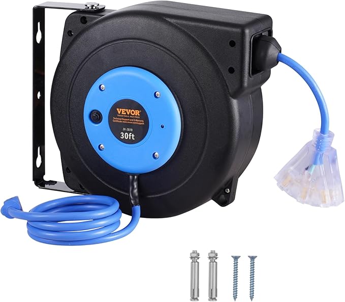 VEVOR 30FT Retractable Extension Cord Reel, 16AWG/3C SJTOW Heavy Duty Power Cord w/Lighted Electrical Triple Tap Outlets, 10A Circuit Breaker, 180° Swivel Bracket for Workshop or Garage, Blue