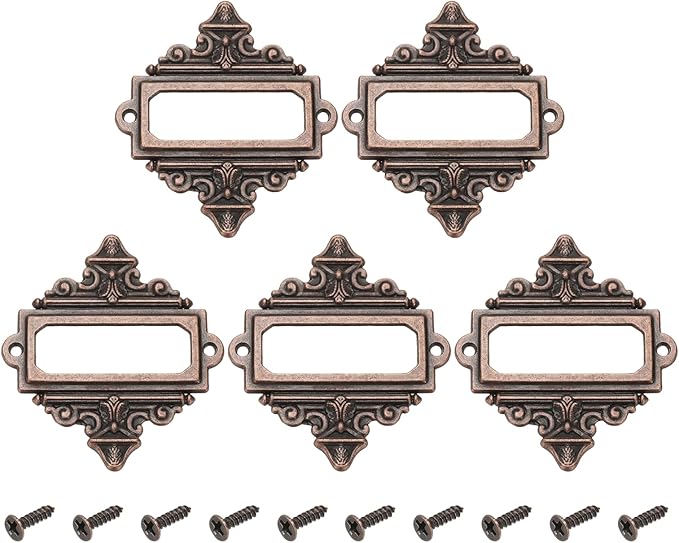 uxcell 5 Pcs Metal Label Holder, 2.2 x 2.4 Inch Small Vintage Card Frame Tag Floral Lace Label Holder with Screws for File Boxes Drawers Door Cabinet Book Shelves, Bronze Red