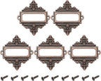 uxcell 5 Pcs Metal Label Holder, 2.2 x 2.4 Inch Small Vintage Card Frame Tag Floral Lace Label Holder with Screws for File Boxes Drawers Door Cabinet Book Shelves, Bronze Red