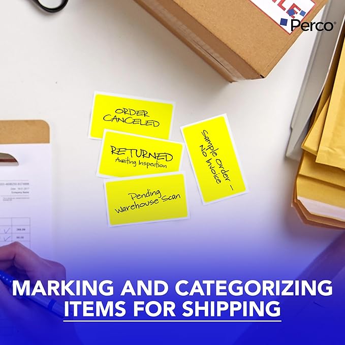 Perco Fluorescent Yellow 3x5 Inch Perforated Sticker Labels — 150 Stickers/Roll — with Permanent Adhesive for Inventory Management, Color Coding, Moving Boxes, Retail, Organizing & Crafts—Made in USA