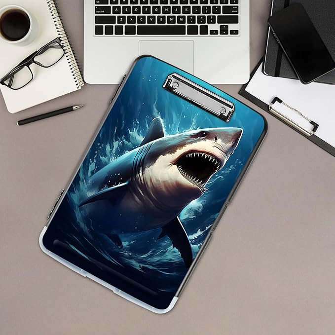 Clipboard with Storage,Office Supplies Nursing Clipboards Folder with Pen Holder Plastic Storage ClipBoard Foldable for Teacher Nurse,Shark in Sea