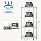 1000 lbs 4Tier Shelf Metal Storage Shelves Wire Rack Closet Organizers with Wheel for Garage Kitchen Bathroom Laundry Chrome 13.7" D x 23.6" W x 53.4" H