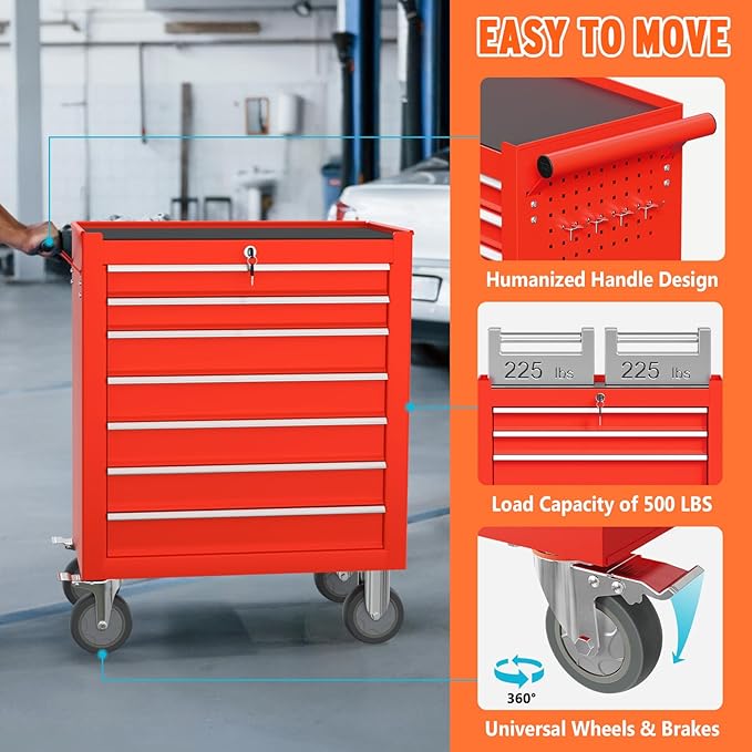 7-Drawer Rolling Tool Chest with Wheels, Metal Tool Box, Large Capacity Tool Storage Cabinet with Keyed Locking, Tool Organizer Box for Garage, Workshop, Warehouse (Red)