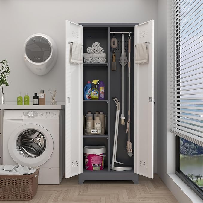 GREATMEET 65" H Broom Closet, Broom Closet Cabinet with Pegboard and Hanging Rod, Cleaning Tool Storage Cabinet, Tall Metal Utility Closets with Locking Doors for Bathroom, Garage