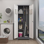 GREATMEET 65" H Broom Closet, Broom Closet Cabinet with Pegboard and Hanging Rod, Cleaning Tool Storage Cabinet, Tall Metal Utility Closets with Locking Doors for Bathroom, Garage