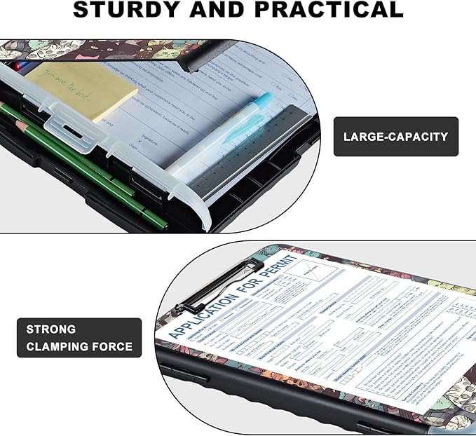 Clipboard with Storage,Storage Clipboard with Pen Holder,Heavy Duty Plastic Storage Clipboard with Low Profile Clip, Clipboard Folder, Teacher Must Haves, Office Supplies,Colorful Cats