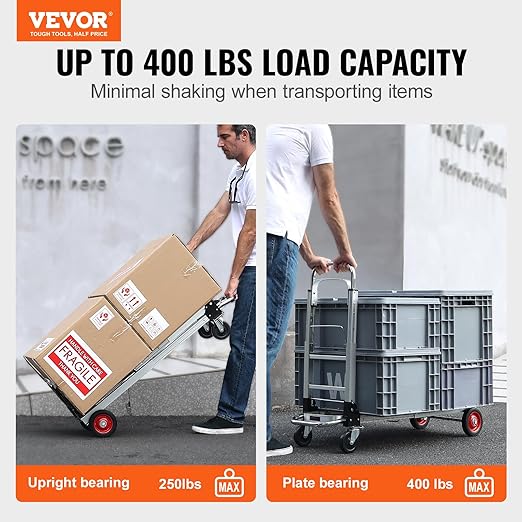 VEVOR Aluminum Folding Hand Truck, 2 in 1 Design 400 lbs Capacity, Heavy Duty Industrial Collapsible cart, Dolly Cart with Rubber Wheels for Transport and Moving in Warehouse, Supermarket, Garden