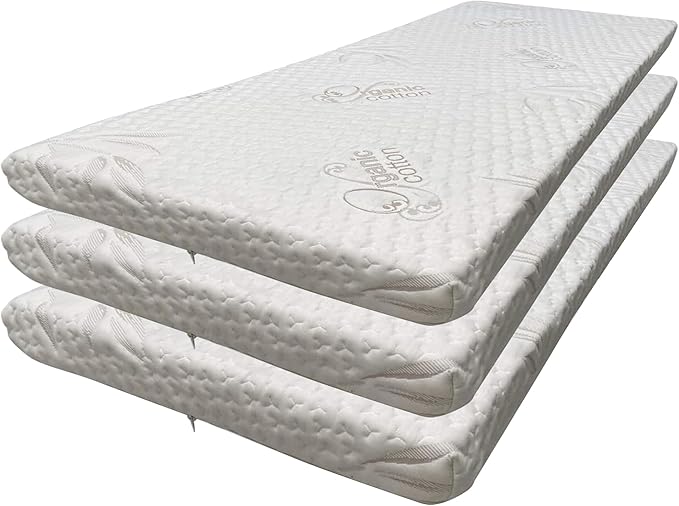 Foamma 6” x 30” x 72” High Density Foam Bunk Mattress, Organic Cotton Cover, Made in USA, Comfortable, CertiPUR-US Certified, 3 Pack