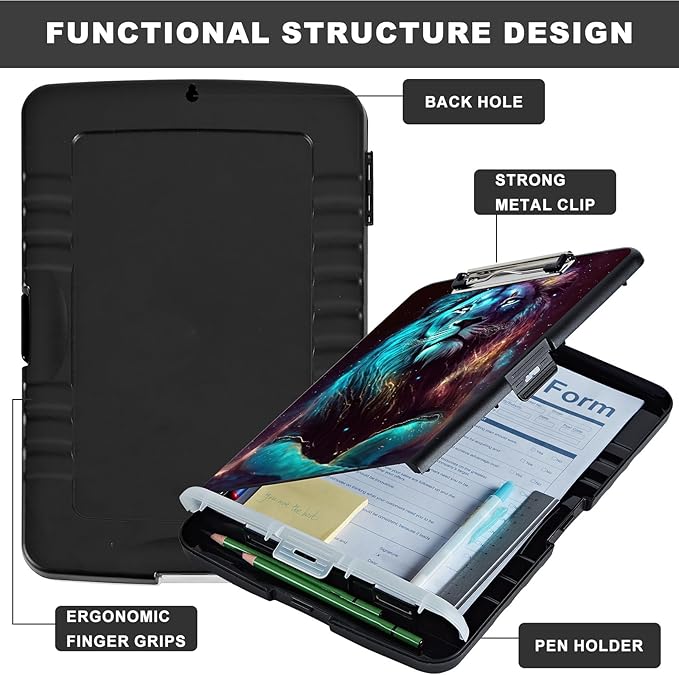 Clipboard with Storage,Heavy Duty Plastic Storage Clipboard with Low Profile Clip,Teacher Must Haves,Office Supplies,Cool Lion
