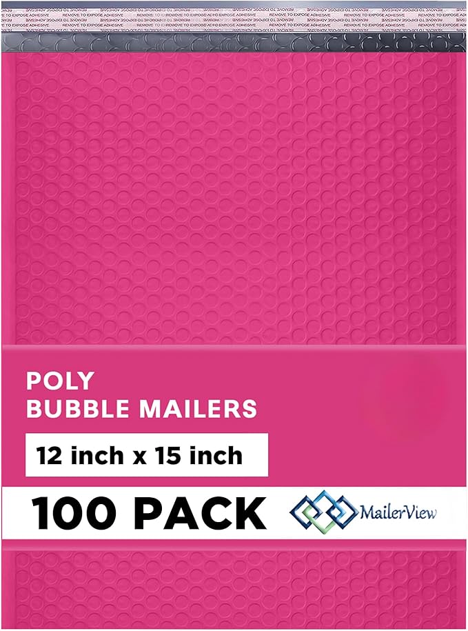 Hot Pink Large Poly Bubble Mailers 12x15 inch | Self Seal Padded Envelopes Cushioned Bubble Mailer | Usable Size 12x15 | WaterProof | Lightweight mailing Shipping Bags | 100 Pack Bulk