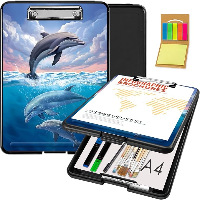 Clipboard with Storage,Office Supplies Nursing Clipboards Folder with Pen Holder Plastic Foldable Clip Board with Storage for Nurse Teacher,Cute Dolphin