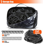 5’ x 7'Cargo Net for Pickup Truck Bed Stretches to 10' x 14' Heavy-Duty, Mesh Square Latex Bungee Netting with 14 Metal Carabiners + 14 Hooks- Compatible with Ford, Dodge RAM, Chevy, Toyota