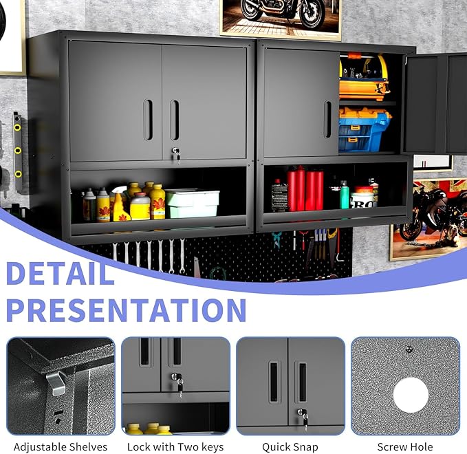Metal Garage Wall Cabinet with Lock, Wall Mounted Metal Storage Cabinets with Doors and Shelf, Lockable Floating Tool Storage for Garage Basement Utility Room