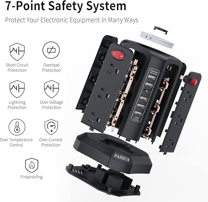 Surge Protector Power Strip Tower with 5 USB Ports and Night Light, 10FT Extension Cord with 12 AC Multiple Outlets, PASSUS Power Tower, Overload Protection for Home Office Dorm Room (Black)