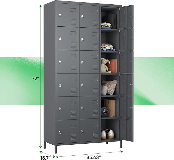 72" inch Employee Locker, Tall Metal Storage Locker with 18 Doors for Employees School Hospital Garage Gym Home Office with Hooks Requires Assembly (Dark Gray)
