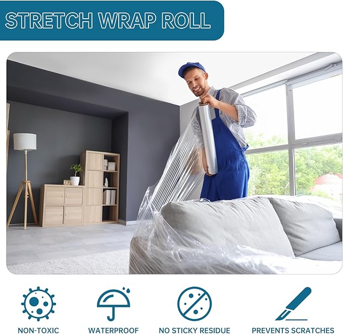 Stretch Film Shrink Wrap Roll 20" x 1500FT, Heavy Duty 80 Gauge Stretch Wrap Roll, Industrial Plastic Wrap for Moving, 800% Stretch for Packing, Pallets, Shipping&Furniture Protection(4 Roll Clear)