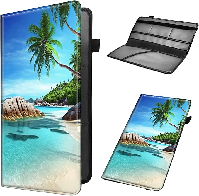 Car Registration and Insurance Holder, Leather Car Glove Box Organizer, Cool Car Accessories for ID, Driver's License Cards & Essential Document,business cards,Men&WomenBeach Palm Trees