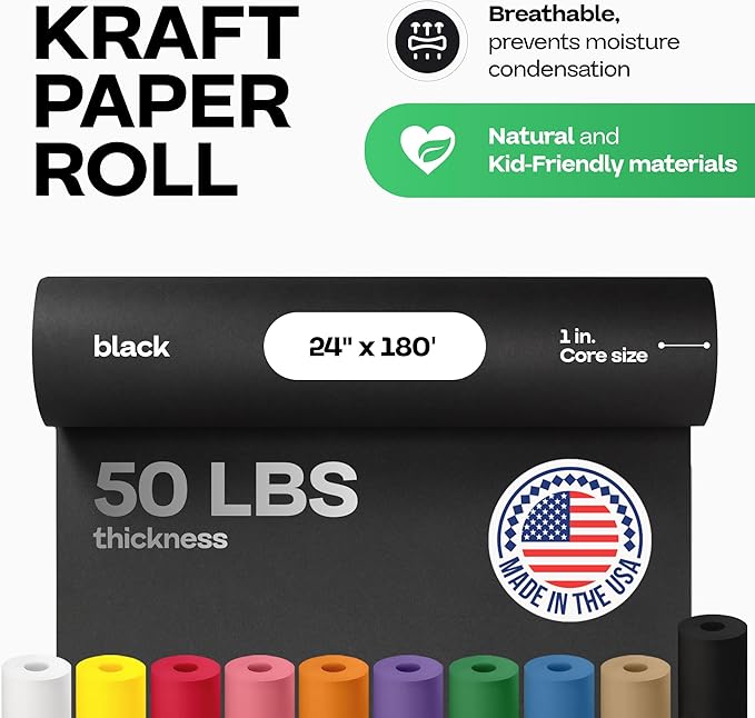 Black Kraft Paper Roll 24" x 2160" (180 feet) - USA-Made Quality Black Paper 50lb Thickness for Packing, Moving, Shipping & Crafts/Arts - 100% Recyclable Natural Wrap Material by IDL Packaging