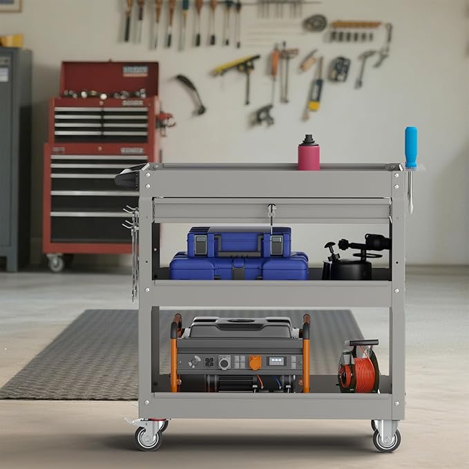 3 Tier Rolling Tool Cart on Wheels, 450 LBS Capacity Tool Cart with Drawers, Heavy Duty Rolling Utility Cart on Wheels, Rolling Tool Work Carts for Garage, Warehouse and Repair Shop,Grey