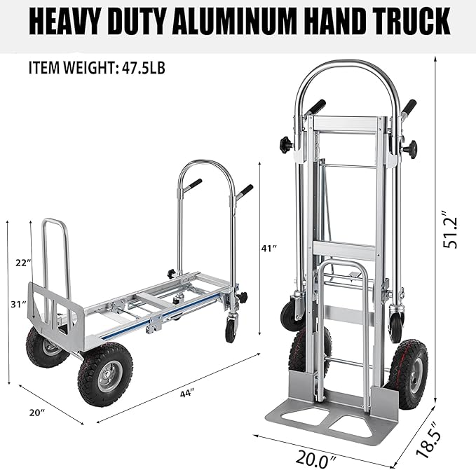 3in1 Aluminum Hand Truck,Convertible Hand Truck Dolly Large Size 1000 lb Capacity, Utility Cart Converts from Hand Truck to Platform Cart with 10" Hi Tech Rubber Wheels