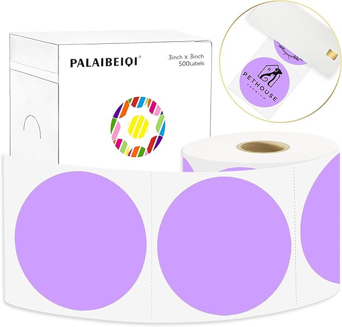 3 X 3 Inch Round Thermal Labels Circle Color Coding Labels Printable Waterproof 500PCS Round Stickers Adhesive Writable for Office, Home, Garage, DIY Sticker,Barcodes,Name Tag, Light Purple