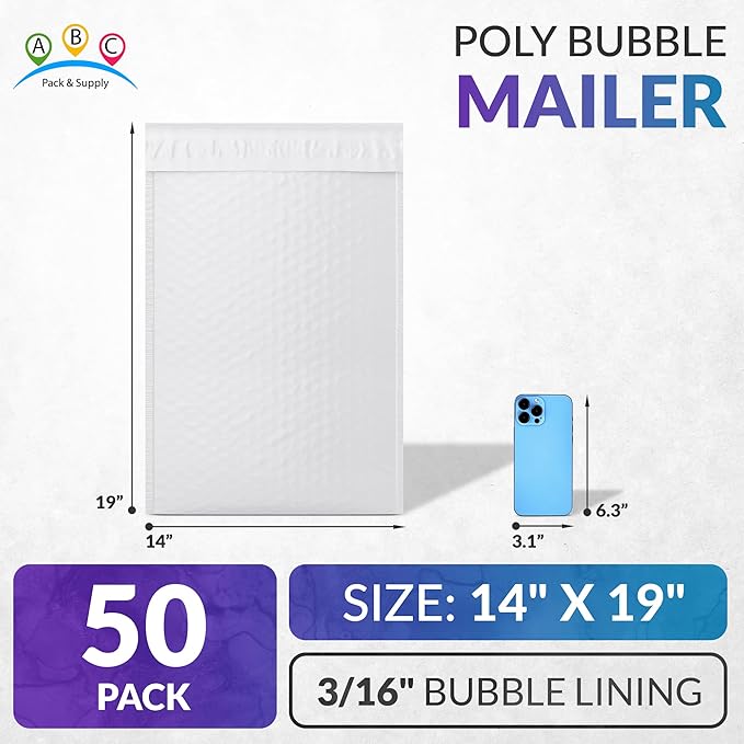 ABC PACK & SUPPLY Poly Bubble Mailers, 14 x 19 Inch. Pack of 50 White Padded Envelopes Self Seal. Tear-Proof Gift Bubble Envelopes. Waterproof Packaging for Small Business. Cushioning Book Mailers