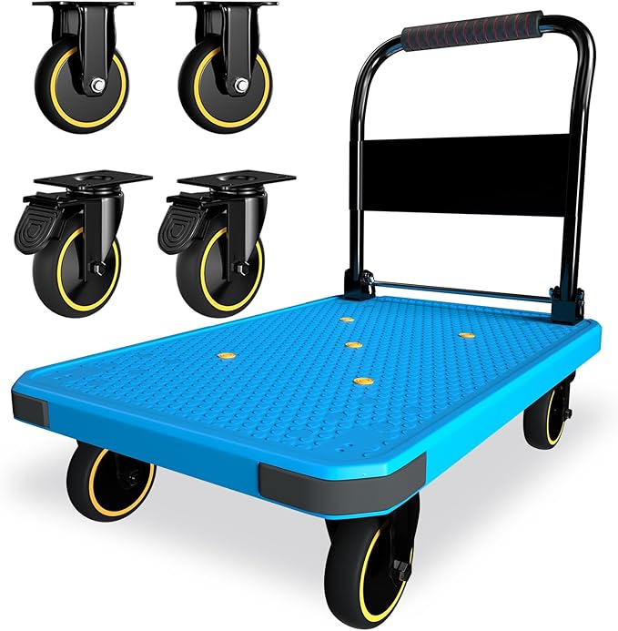 WUD Foldable Hand-Push Platform Truck with Brake, 360-Degree Swivel Wheels, 35.4”L x 23.6”W, 880 lb Load Capacity, Suitable for Luggage, Travel, Moving, Shopping, Office, Home Garden, Blue
