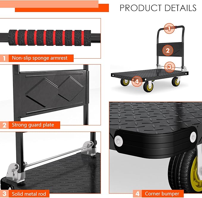 Platform Truck, Foldable Flatbed Cart Heavy Duty Push Cart Dolly Large Platform w/ 5'' Swivel Wheels 2000LBS Capacity Moving Hand Dolly for Groceries, Garage, Warehouse (35'' L x 22.5'' W)