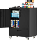 Metal Tool Storage Cabinet with Wheels,Black Heavy Duty Mobile Rolling Tool Cabinets for Garage,Metal Storage Cabinets with 2 Locking Doors and 1 Drawer,Assembly Required