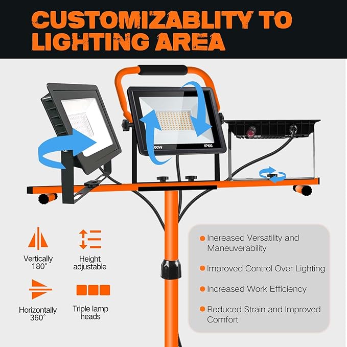 21000 Lumen Work Lights with Stand, 3 Adjustable Head LED Work Light, with Adjustable and Foldable Tripod Stand, Waterproof Lamp with Individual Switch with 6500 Kelvin Color (3-Head-Orange)