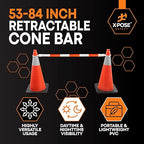 Retractable Barrier for Safety Traffic Cones - 2" OD - Large Yellow and Black Bar Barricade - for Road Construction, Parking, Warning, Temporary Security Divider (360, Orange & White, 53" x 84")