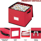 inin Christmas Ornament Storage Box with Adjustable Dividers,Christmas Ornaments Organizer with Zippered Top,Storage Container Bin for Holiday Decorations(64 Ball, Red, with Tray)