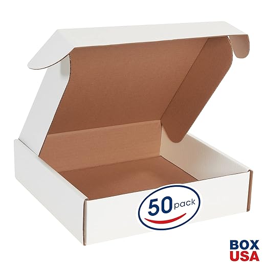 Box USA 12" Deluxe Shipping Boxes 12"L x 12"W x 3"H, 50-Pack - White Box Mailers for Packaging, Storage, Gifts or Bulk Business Orders
