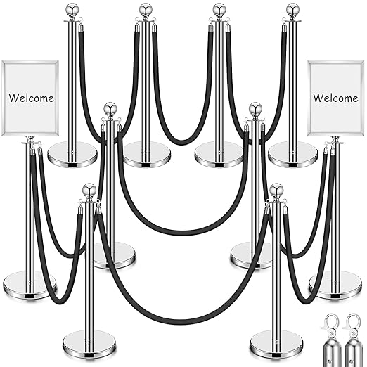Blulu 8 Sets Stainless Steel Stanchion Set 8 Crowd Control Poles 7 Velvet Ropes and 2 A4 Sign Holders Carpet Ropes and Hollow Base Poles Easy Assembly Safety Barrier for Event Party(Silver)
