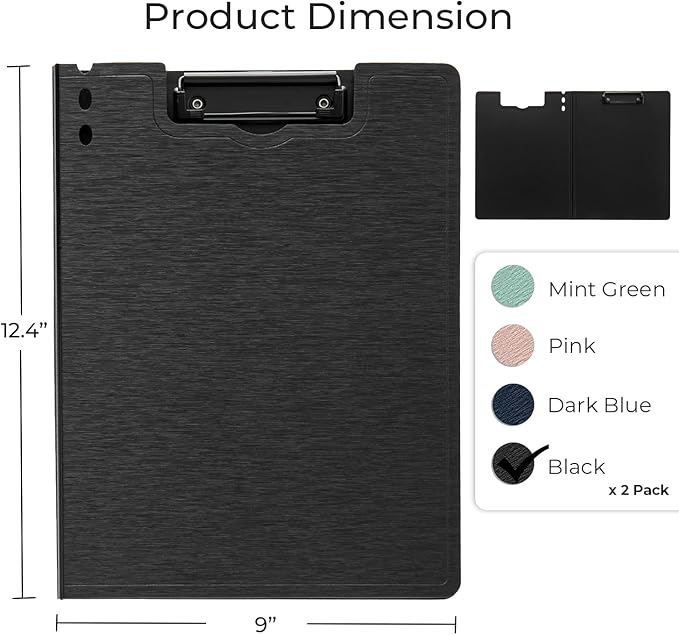 Y YOMA Clipboard Folder, A4 Foldable Plastic Clipboard with Metal Clip, 360° Rotating Cover, Waterproof Work Folder for Home, Office, School, Field Work, Outdoor - 2 Pack, Black